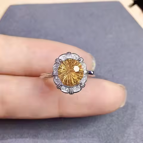 VVS Grade Natural Citrine Silver Ring 8mm*8mm 2ct Citrine Silver Ring 18K Gold Plating 925 Silver Cr