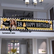 2D Polyester Fabric Backdrop With 4 Corner Holes, Customizable With Photo, Name, Age, Black & Gold B