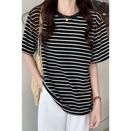 夏季条纹t恤短袖女300斤大码女装280斤加大260斤大版宽松显瘦上衣Summer striped T-shirt short sleeved women's 300 pounds plus size