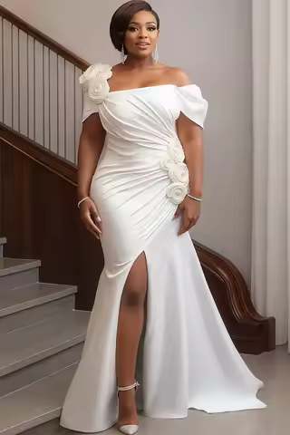 Plus Size Wedding White One Shoulder Split Elegant 3D Maxi Dresses