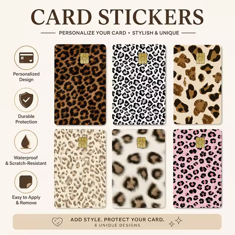 Leopard Print Card Sticker Set 6 Designs Stylish Sim Card Skin Protector Waterproof Scratch-Resistan