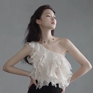 French Asymmetric Ruffled One-Shoulder Chiffon Top 米杏色斜肩不規則荷葉邊雪紡上衣 M