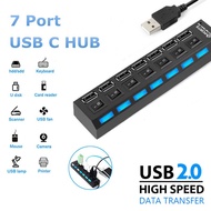 7-Port USB 2.0 Hub with Individual Switches | 480Mbps High-Speed Splitter with Power Adapter