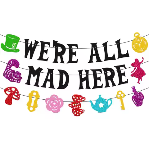 We’re All Mad Here Banner Fantasy One Years Old Birthday Party Decorations Welcome Baby Girl Boy Aft
