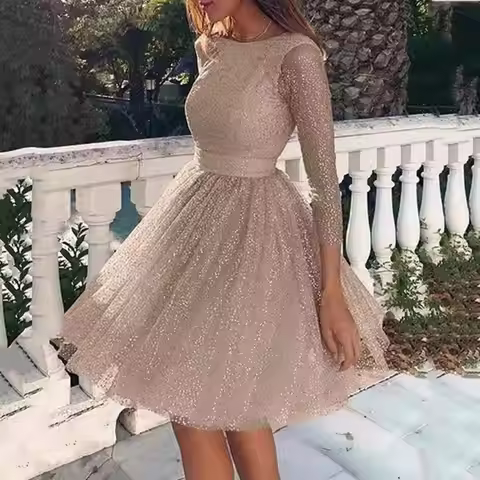 Dazzling Evening Gown Glitter Starry Tulle Prom Dress Crew Neck Formal Women Evening Dress Mesh Cock
