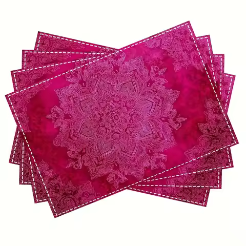Four Pieces of Flat 2D Printed Table Mats in Hot Pink Fuchsia with a Boho Abstract Henna Design, Per