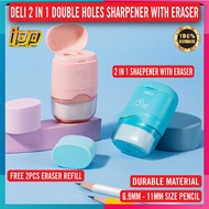 DELI Double Holes 2 In 1 Pencil Sharpener with Eraser / 6.9mm to 11mm Pencil Sharpener with Eraser (