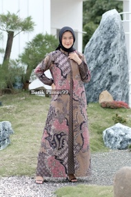 baju gamis batik wanita terbaru kombinasi polos jumbo modern - mahkota xl
