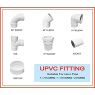UPVC white Pipe Fitting (36mm/ 43mm/ 56mm) Socket/ PT socket/ 92° Elbow/ 45° Elbow/ PT Elbow/ Tee/ E