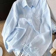 [Echo Chic] Lace Stitching Design Sense Blue Sunscreen Shirt Women's Top Summer Thin Style Ice Silk 