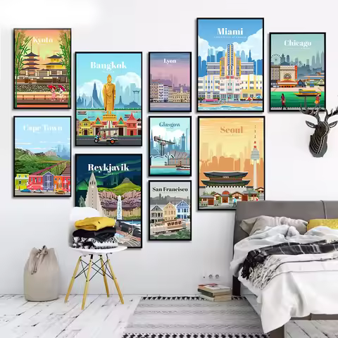 Famous City Retro Travel Poster Cartoon Venice Seoul Kyoto Iceland Miami Landscape Canvas Painting W