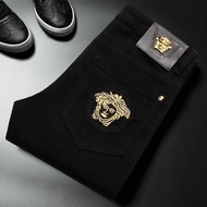 5F7S2 VERSACE547 Stretch Black Jeans Men Classic Fashion High-End Street Wear New Style Embroidered 