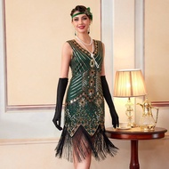 ชุดราตรี Flapper ยุค 1920s ชุดราตรี Great Gatsby สำหรับสตรี Roaring 20s, ชุดแสดงกับแขนเปียกปูนประดับ