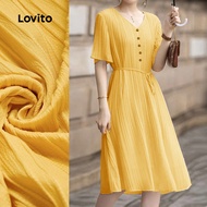 Lovito Elegant Dress Button Spring/summer Yellow Dress for Women L154LD101 Lovito Gaun Baju Butang E