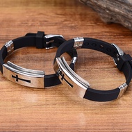 Potey Men Fashion Silver Cross Stainless Steel Black Rubber Bracelet Bangle Wristband