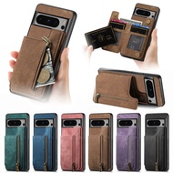 Retro Wallet Case Google Pixel 9 8 8A 7 6 7A 6A Pro Zipper Storage Card Holders Matte Phone Cover