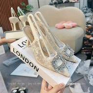 7p high heels with pointed toe, smooth lace and square stone buckle (C12-C13). Embroidered lace fabr