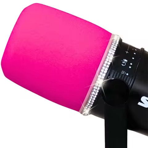 Pink Foam Microphone Cover for Shure MV7 MV7X with Glitter Rhinestones Ring Mic Pop Filter Windscree