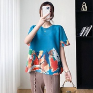 Miyake pleated round neck mid-sleeve T-shirt for women slimming and versatile top for women simple a