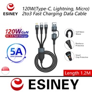 ESINEY  2 for 3 Cable PD 100W Fast Charging Date Cable  U+C to M+L+C 120W Cable