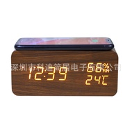 Ready Stock with Humidity Smart Wooden Alarm Clock Wireless Charging Student Dedicated Digital LED