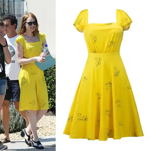 New La La Land Mia Emma Cosplay Costume Stone Summer Yellow Floral Skater Dress Vestidos For Adults