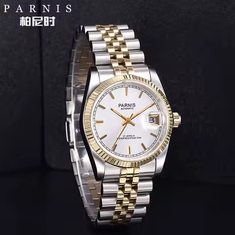 Parnis 36mm Luminous Mark Silver Gold Automatic Men's Wristwatch 5 ATM Stainless Steel Bracelet