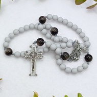 Catholic Rosary St Michael Rosary Grey Acrylic & Black Obsidian St Benedict Crucifix Baptism Gift