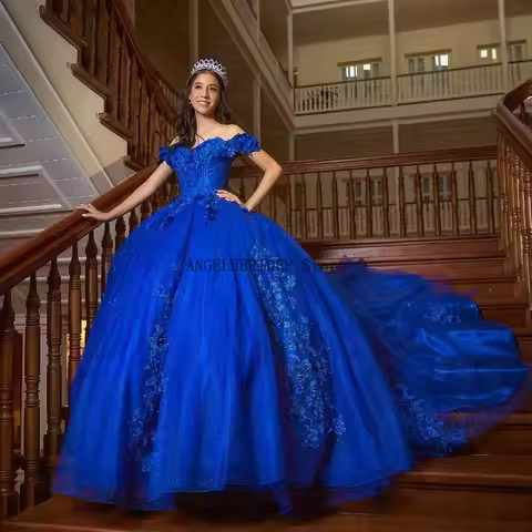 ANGELSBRIDEP Royal Blue Mexican Quinceanera Dresses 3D Floral Lace Beading Corset Sweet 16 Vestidos 