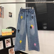 IKK9 Chrome Hearts Pink Yellow Soft Leather Cross Denim Pants Women