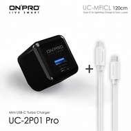 ONPRO UC-2P01 PRO 30W 雙孔快充急速PD充電器 曜石黑 ＋ ONPRO 120cm TypeC to Lightning 30W傳輸線