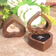 ALISONDZ Heart Rings Holder, Transparent Cover 2 Slots Walnut Wood Rings Box, Simple Storage Magneti