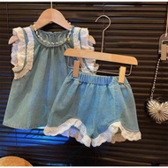 DBOX DENIM SET LACE PANTS FOR GIRLS AGED 6 MONTHS-5 YEARS NEWEST SLEEVELESS RUBBER COLLAR