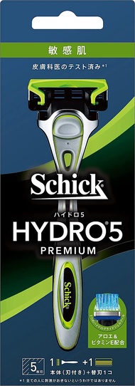 Hydro Schick（Chic）Hydro 5高級敏感皮膚固定器（帶有刀片+1個替換刀片），帶有Skingard 5葉片綠色