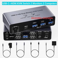 USB C KVM Switch 2 Monitors 2 Computers 4K@60Hz 8K@60Hz,Dual Monitor HDMI KVM Switch for 1PC 1 Lapto