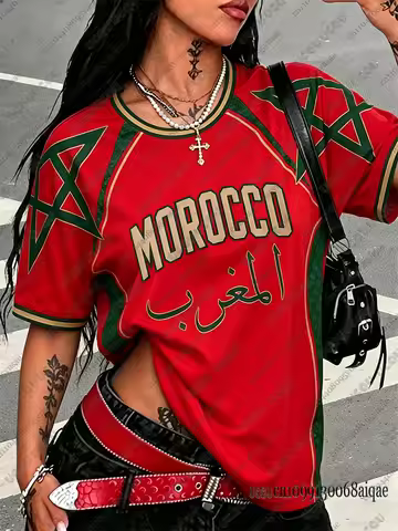 Summer New Vintage Morocco Print Women O-Neck Crop Tops Patchwork Short Sleeve Sports Football Jerse