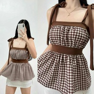Jer Jen Dahlia Self Ribbon Tie Strap Top - Sexy Classy Peplum Casual Sleeveless Plaid Print