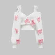 Áo len hở vai cổ chữ V ren Himekaji gợi cảm có trang trí nơ 3D