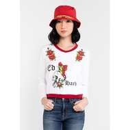 Ed Hardy Butterfly Skull Long Sleeve Cropped Tee – Women’s Stretchable Cotton Tattoo Graphic Top