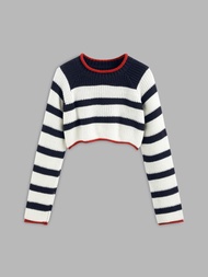 Cider Round Neckline Striped Knitted Long Sleeve Crop Top | Knitwear Sale
