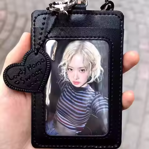 Black PU Leather Credit ID Card Holder Love Heart Pendant Display Photocard Holder Keychain Student 