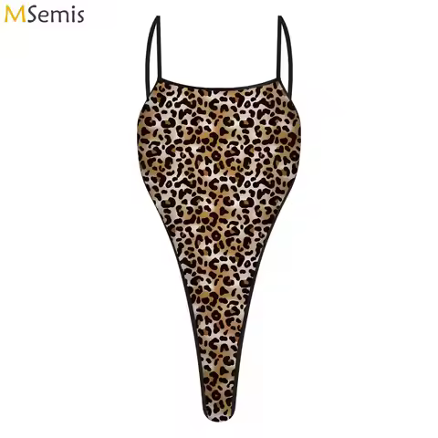 Womens Printed Bodysuit Swimwear Lingerie One Piece Swimsuit Back Lacing Backless High Cutting T-bac