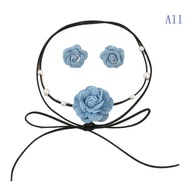 All Elegant Big Flower Choker Necklace with Earrings Set for Women Trendy-Long Knotted Rope Chain Ne