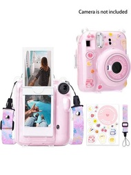 透明防護相機保護殼,適用於mini 12/ Mini 12即時相機,含10張照片口袋,包括肩帶和相機貼紙,粉色,是完美的有趣創意禮物