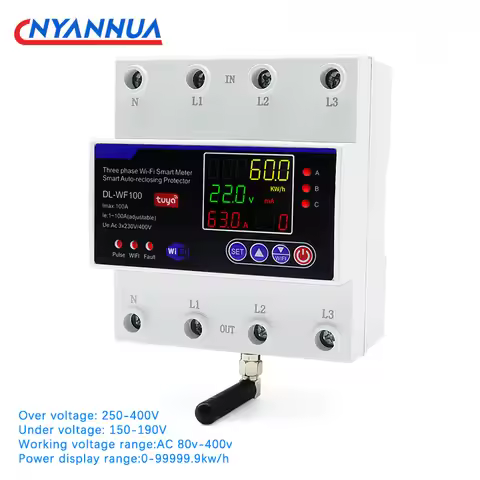 380V 100A Tuya WiFi Smart Bi-Directional Energy Power kWh Meter Auto-Reclosing Over Under Voltage Pr