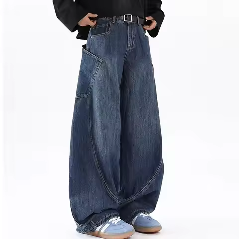 Korean Retro Men'S Jeans Fashion Large Pocket Design Curved Knife Jeans Straight Leg Pants Letter Em