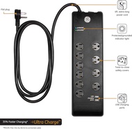 GE UltraPro 10-Outlet Surge Protector, 2พอร์ต USB,สายไฟ6ฟุต,3000จูล,ปลั๊กแบน,บิดเพื่อปิดฝาครอบความปล