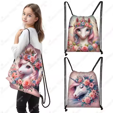 Cute Unicorn Flower Print Drawstring Bag 3D Unicorn Girls Crossbody Bag Children School Backpacks St