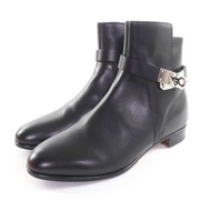 愛馬仕 Neo 皮革踝靴，銀色五金配件和 Kelly 扣，黑色，尺寸 34.5，狀況極佳，附鞋盒和防塵袋，義大利製造。