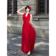 French rose red maxi dress